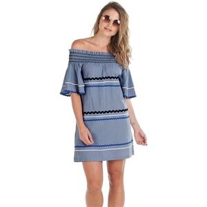 Mudpie Preppy Blue Finnigan Dress Stonewash Off Shoulder RickRack Dress Medium